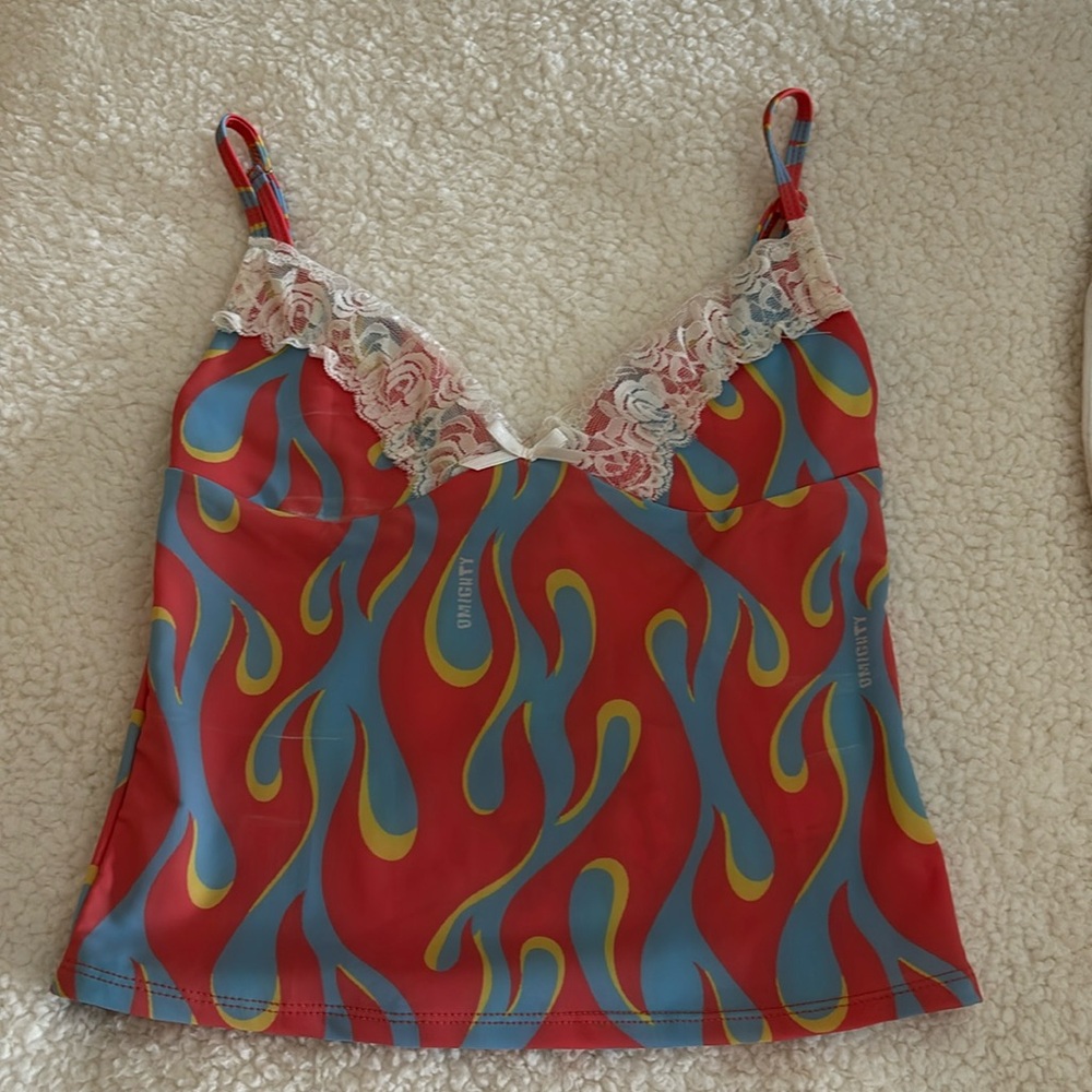 Omighty tank top with fire pattern and lace